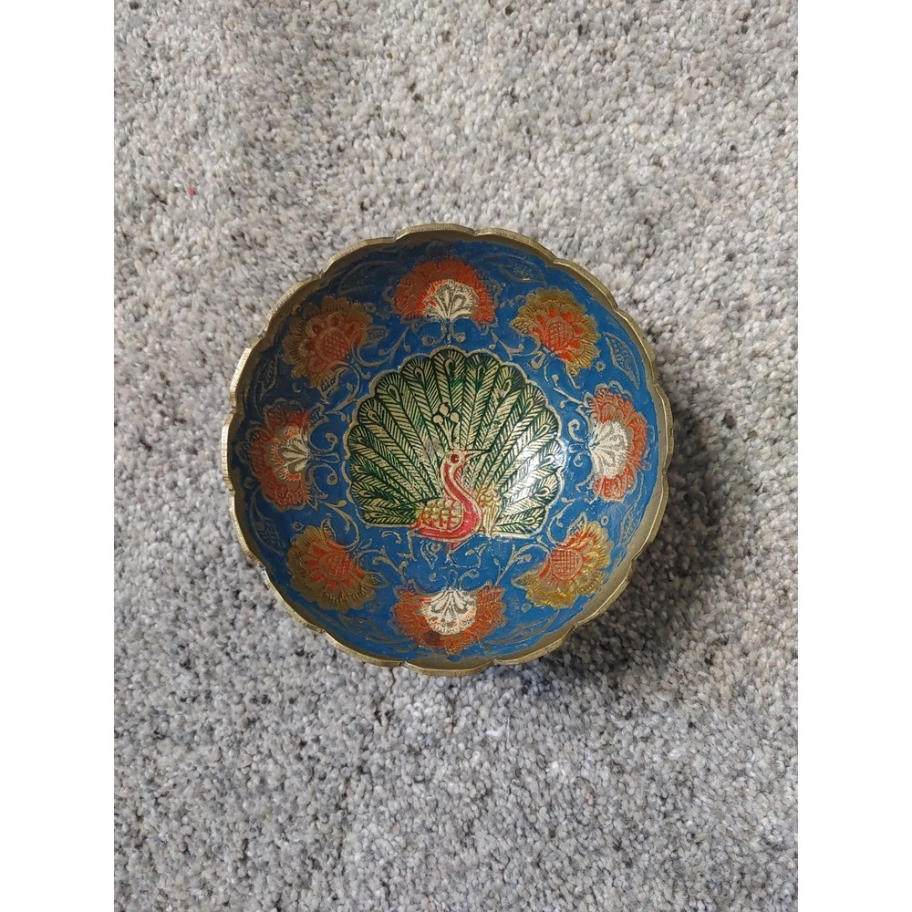 Vintage Brass Peacock Bowl Trinket Dish Indian Etched Brass Peacock Dish 4x3